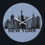 Grande Horloge Ronde silhouette de la ville de New York<br><div class="desc">Cette silhouette d'horizon de New York présente l'architecture et les images trouvées à Manhattan. Modifiez la couleur de l'arrière - plan pour compléter votre maison ou votre bureau.</div>