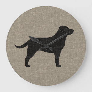 Grande Horloge Ronde Silhouette de Labrador Noir   Style Faux Lin