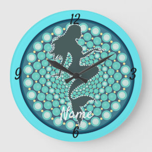 Grande Horloge Ronde Silhouette de sirène dans les bulles Thunder_Cove