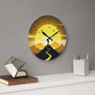 Grande Horloge Ronde Silhouette de sommet de montagne avec un piédestal