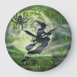 Grande Horloge Ronde Silhouette de sorcière d'Halloween avec araignée