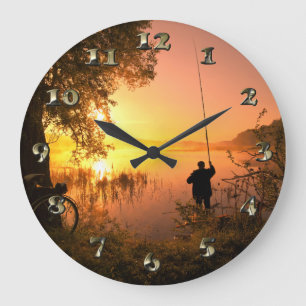 Grande Horloge Ronde Silhouette du pêcheur sur le lac au coucher du sol