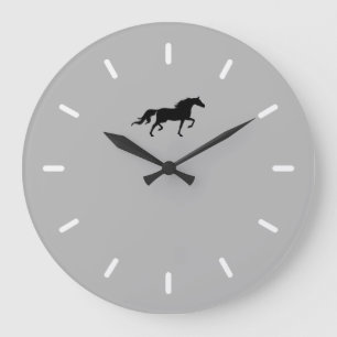 Grande Horloge Ronde Silhouette élégante du Cheval Noir sur gris argent