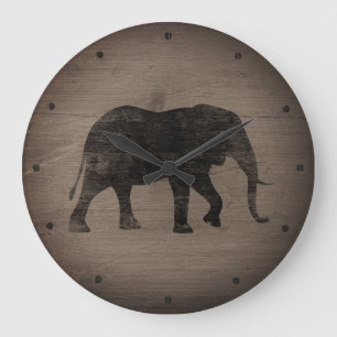 Grande Horloge Ronde Silhouette Eléphante Africaine Style Rustique