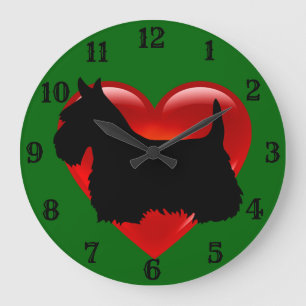 Grande Horloge Ronde Silhouette noire de Terrier écossais cœur rouge/ve