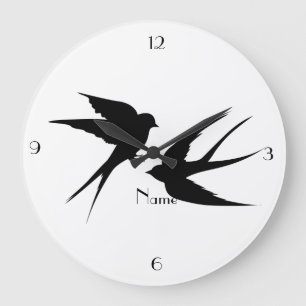 Grande Horloge Ronde Silhouettes d'oiseaux hirondelles Thunder_Cove  