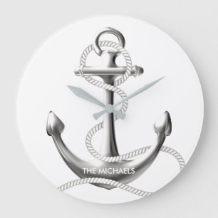 Grande Horloge Ronde Silver anchor nautical wall clock