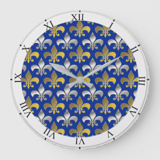 Grande Horloge Ronde Silver and Gold Fleurs-de-lis on Blue Background