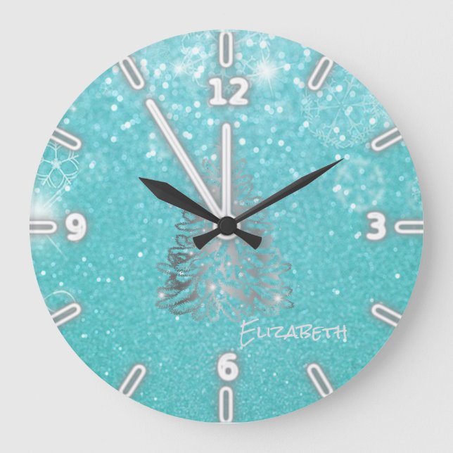 Grande Horloge Ronde Silver Christmas Tree, Blue Glittery (Recto)