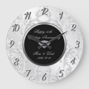 Grande Horloge Ronde Silver Diamond Damask 50e anniversaire Mariage