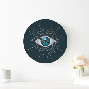 Grande Horloge Ronde Silver et bleu Turquoise Mystic Aqua Eye Evil Naza
