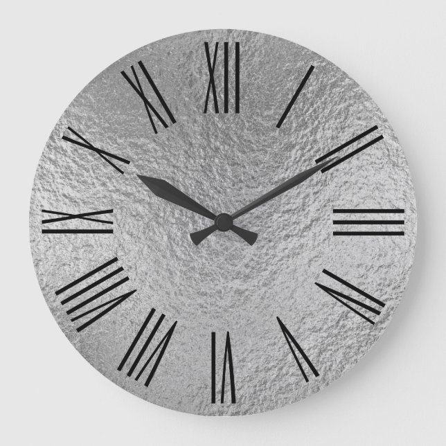 Grande Horloge Ronde Silver Faux Foil Texture Black Roman Numéros (Recto)