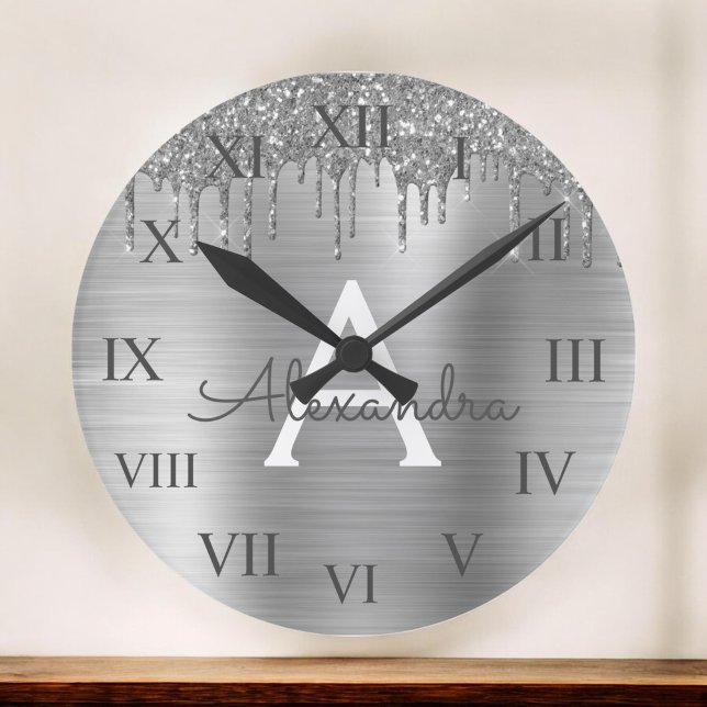 Grande Horloge Ronde Silver Glitter Brushed metal Monogram (Créateur téléchargé)