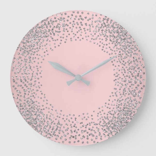 Grande Horloge Ronde Silver Gray Crystals Confetti Glitter Gems Pink (Recto)