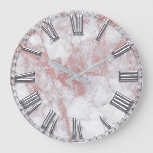 Grande Horloge Ronde Silver Grey Roman Numéro Marbre métallique PInk (Recto)