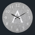 Grande Horloge Ronde Silver Sparkle Glitter Monogram Name & Initial<br><div class="desc">Silver Sparkle Glitter Monogram Name and Initial Serving Wall Clock. The Wall Clock makes the perfect gift for someone who loves silver glitter.</div>