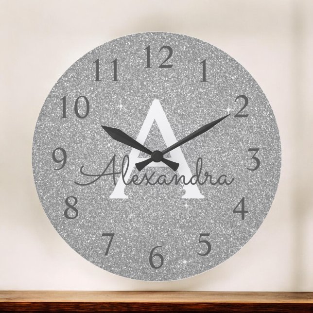 Grande Horloge Ronde Silver Sparkle Glitter Monogram Name & Initial (Créateur téléchargé)