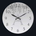 Grande Horloge Ronde Silver Sparkle Glitter Monogram Name & Initial<br><div class="desc">Parties scintillant étincelante Ombre Argent Nom du monogramme et horloge murale initiale de service. L'horloge murale est le cadeau parfait pour quelqu'un qui aime la parties scintillant brillante argentée.</div>