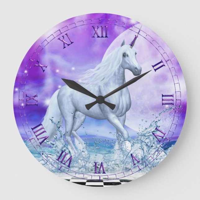 Grande Horloge Ronde Silver Unicorn Dancing in Water Wall Clock (Recto)