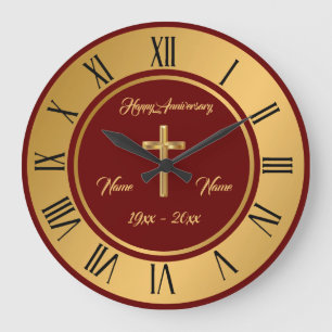 Grande Horloge Ronde Simple Croix Personnaliser Or Anniversaire