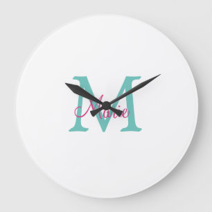 Grande Horloge Ronde simple minimal ajouter nom monogramme vert rose bl