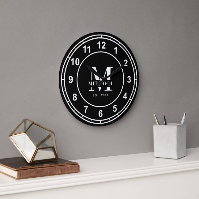 Grande Horloge Ronde Simple Monogramme Noir et Blanc Nom de Famille Per (Bureau)