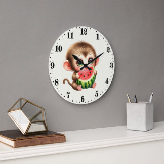 Grande Horloge Ronde Singe amateur de pastèque mignon