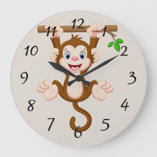 Grande Horloge Ronde Singe Animé accroché à la branche