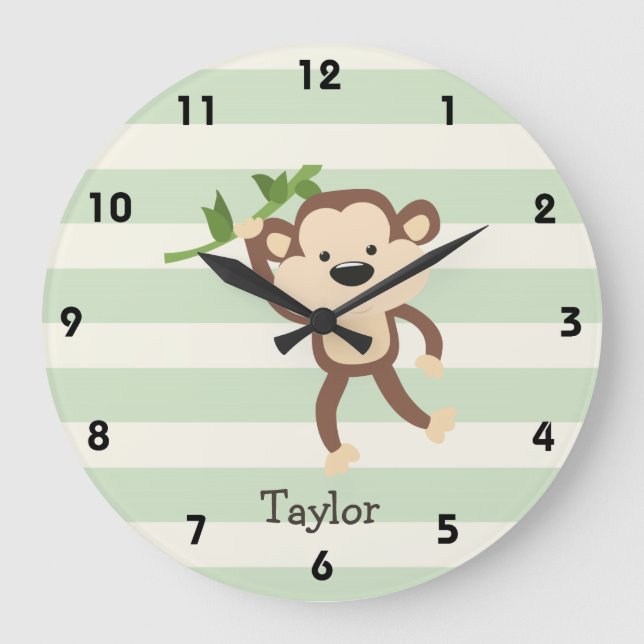 Grande Horloge Ronde Singe sur rayures vert pastel (Recto)