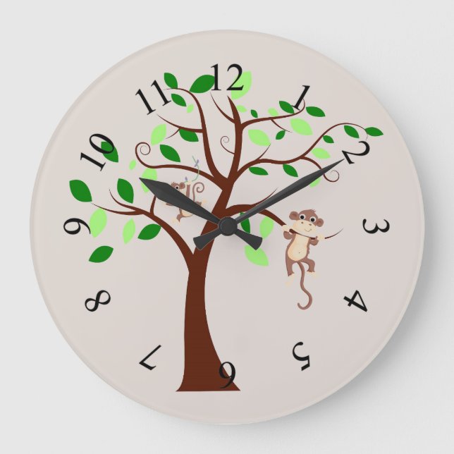 Grande Horloge Ronde singes Animés accrochés aux branches d'arbres (Recto)