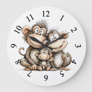 Grande Horloge Ronde Singes mignons 