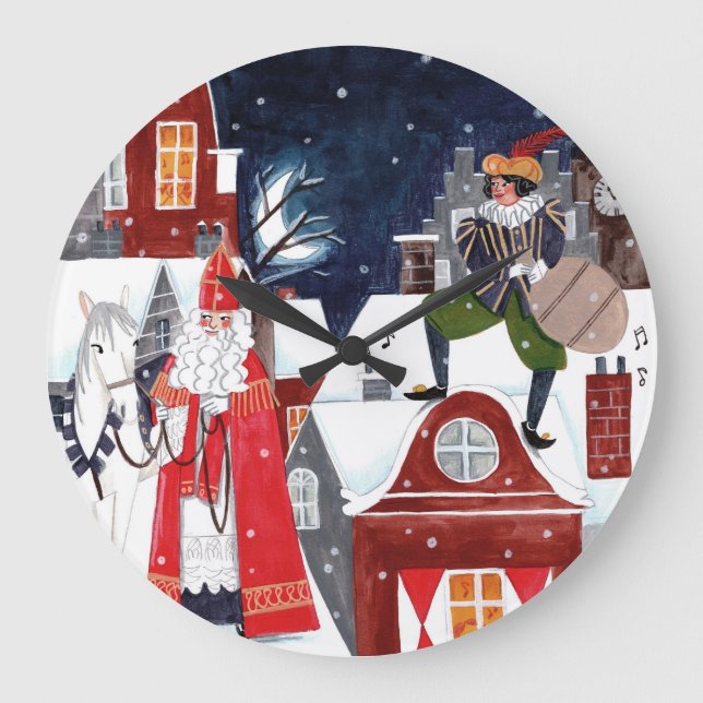 Grande Horloge Ronde Sinterklaas Night Village Dutch Holiday Wall Clock (Recto)