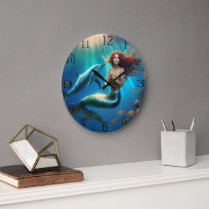 Grande Horloge Ronde Sirène Angélique Nageant Avec Dauphins,