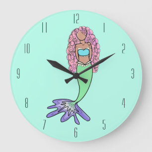 Grande Horloge Ronde sirène arc-en-ciel rose bleu violet vert noir bouc