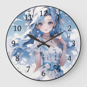 Grande Horloge Ronde Sirène avec cheveux bleus dans une robe bleue