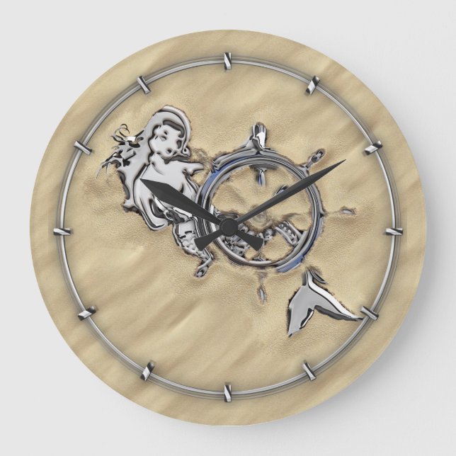 Grande Horloge Ronde Sirène d'argent dans le sable (Recto)