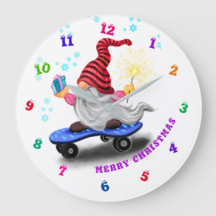 Grande Horloge Ronde Skateuse gnome joyeuse avec des cadeaux et un cier