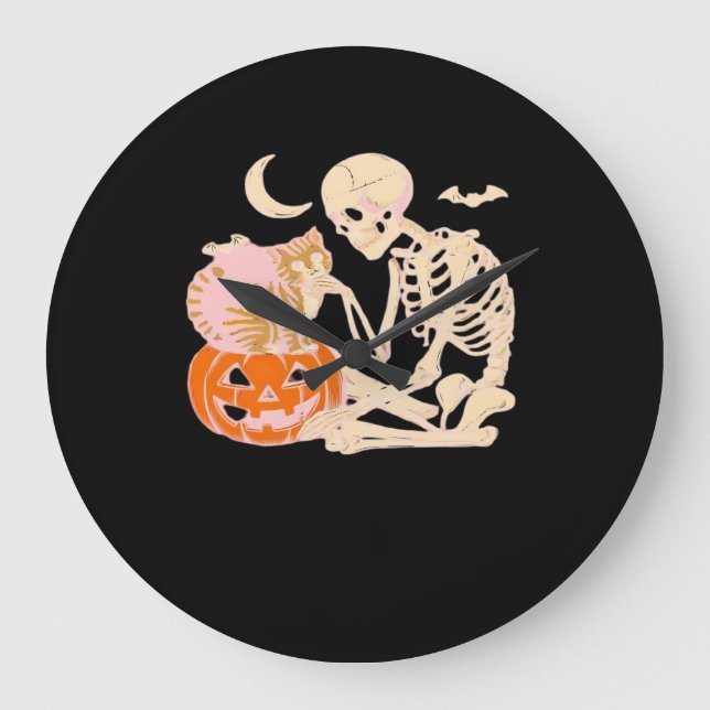 Grande Horloge Ronde Skeleton Hugging Cat Halloween Amoureux des chats  (Recto)