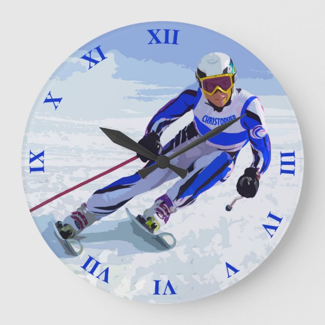 Grande Horloge Ronde Ski Alpin En Bleu Avec Votre Nom Dessin (Recto)