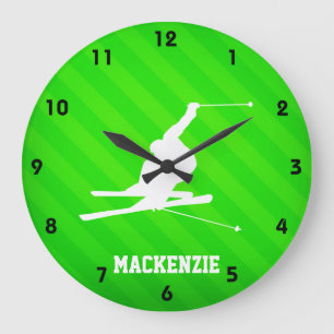 Grande Horloge Ronde Ski De Neige ; Neon Green Stripes
