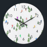 Grande Horloge Ronde Skieurs Illustration Ski Hiver Piste<br><div class="desc">skieur d'hiver cool design motif avec skieurs skieurs sur les pistes de la station de ski alpin parmi des sapins enneigés dans les alpes. Les skieurs freeride portent des combinaisons de ski rétro vintages et colorées, descendent en ski avec des skis sur un arrière - plan de paysage de montagne...</div>