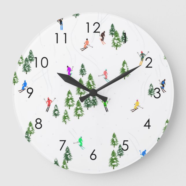 Grande Horloge Ronde Skieurs Illustration Ski Hiver Piste (Recto)