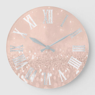 Grande Horloge Ronde Skinny Peach Rose Glitter Metallic Roman Numers
