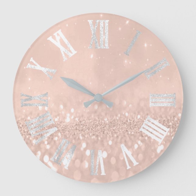 Grande Horloge Ronde Skinny Peach Rose Glitter Metallic Roman Numers (Recto)