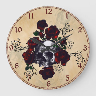 Grande Horloge Ronde Skull and Roses Tattoo Style Goth Art