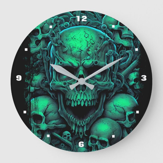 Grande Horloge Ronde Skuls Green Black Scary Biker Gothique Halloween (Recto)