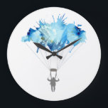 Grande Horloge Ronde Skydiver, Parachute. Skydiving Sport. Parachuting<br><div class="desc">Skydiver,  Parachute. Parachuting Sport. Skydiving. 
Watercolor Art Illustration.

Clock.

This skydiving livingroom accessoire with the watercolor parachutist makes a cute gift for a
sky diving woman or man or someone who just loves this awesome "heavenly" sport.

Parachutist hanging on a colorful watercolor splash cloud.</div>