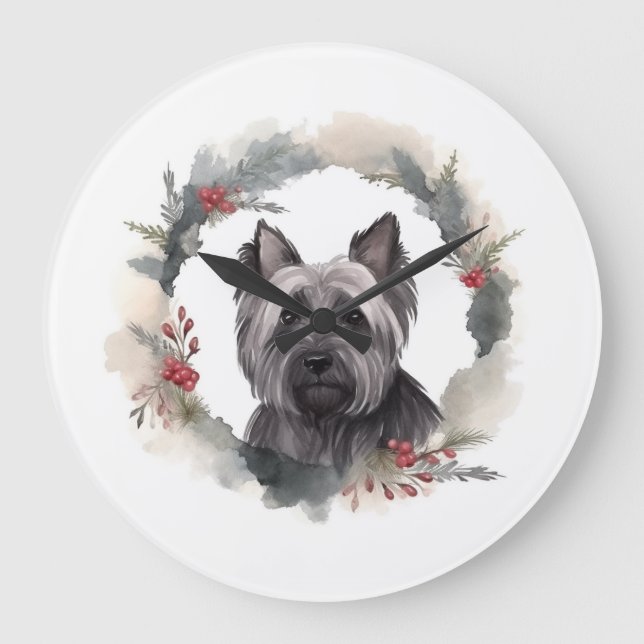 Grande Horloge Ronde Skye Terrier Fête de Noël Wreath Pup (Recto)
