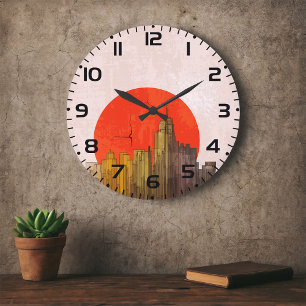 Grande Horloge Ronde Skyline urbain avec Red Sun Grunge Cityscape