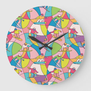 Grande Horloge Ronde snowboarders colorés : motif vintage sans soudure.